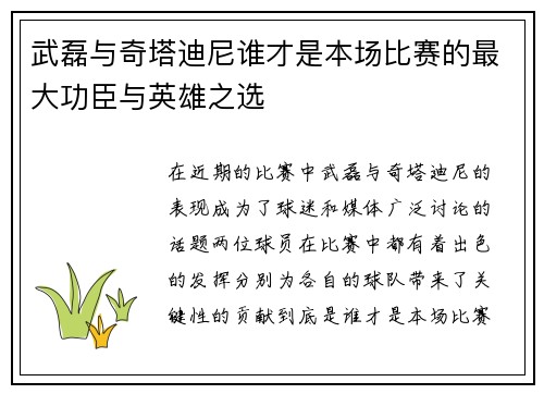 武磊与奇塔迪尼谁才是本场比赛的最大功臣与英雄之选
